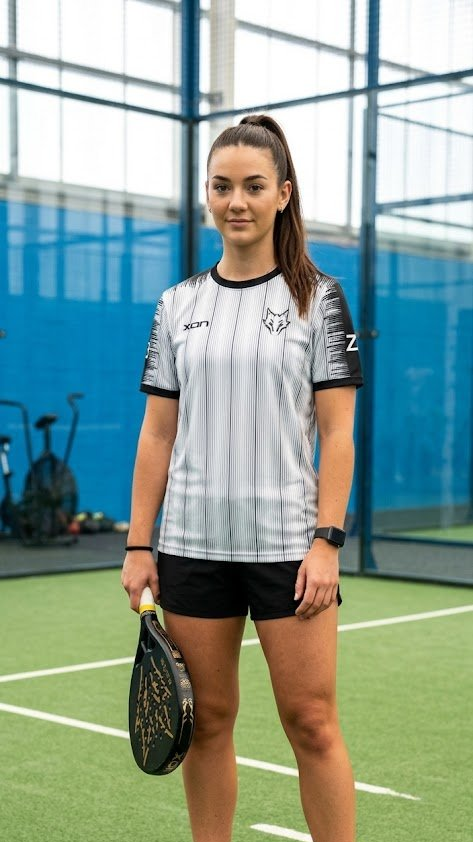 White pinstripe kit — female player on court